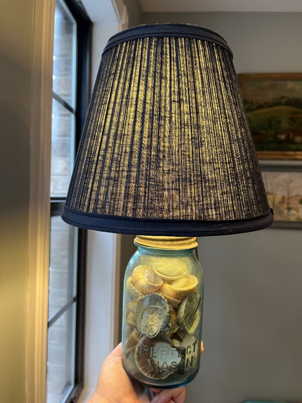Vintage Blue Ball Jar Lamp With Country Blue Pleated Shade & Coastal Shell Fill